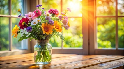 A colorful bouquet of flowers in a delicate glass vase on a wooden table with morning sunlight filtering through the window, sunlit, flower stand, fresh cut, arrangement