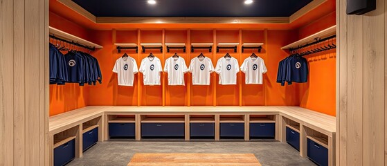 A modern locker room with orange walls, wooden shelves, and blue and white uniforms hanging on hooks.