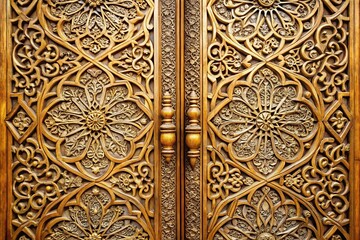 Obraz premium A delicate golden filigree pattern adorning a intricately carved wooden door, architecture, carving, intricate, gold, ornate
