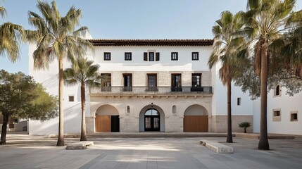 Fototapeta premium Historic white building with arched entrances and stone facade surrounded by palm trees on a sunny day
