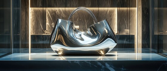 Fototapeta premium A modern, abstract, silver handbag in a minimalist setting, showcased on a smooth marble surface.