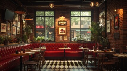 A cozy restaurant interior with red booths, checkered floors, and large windows looking out onto a city street.
