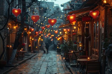 A street with lights and lanterns hanging from the ceiling