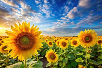 Obraz premium A field of bright yellow sunflowers stretching towards the sky with gentle petals, petals, landscape, outdoor, warm, stems