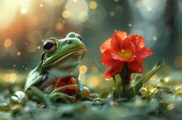 Green Frog Admiring a Red Flower in a Forest Clearing