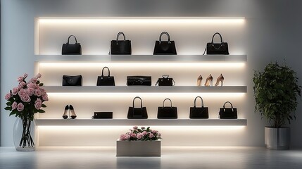 A modern, minimalist retail store interior with black handbags and high heels displayed on white shelves with warm lighting.