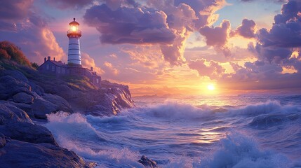 Twilight Serenity: A Quaint Lighthouse on Rocky Shores – Perfect Poster for Coastal Décor and Tranquil Spaces