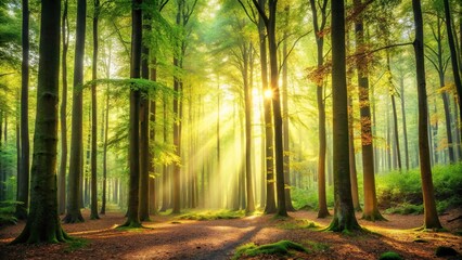 Fototapeta premium A gentle breeze rustles the leaves of tall trees in a forest, nature, leaves, branches, landscape