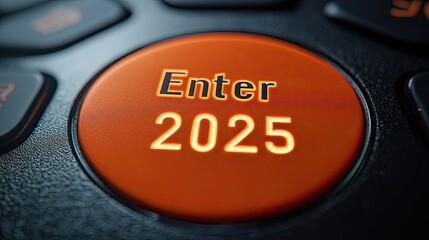 Futuristic Keyboard Key with 'Enter 2025' Text and Orange Glow. new Years concept