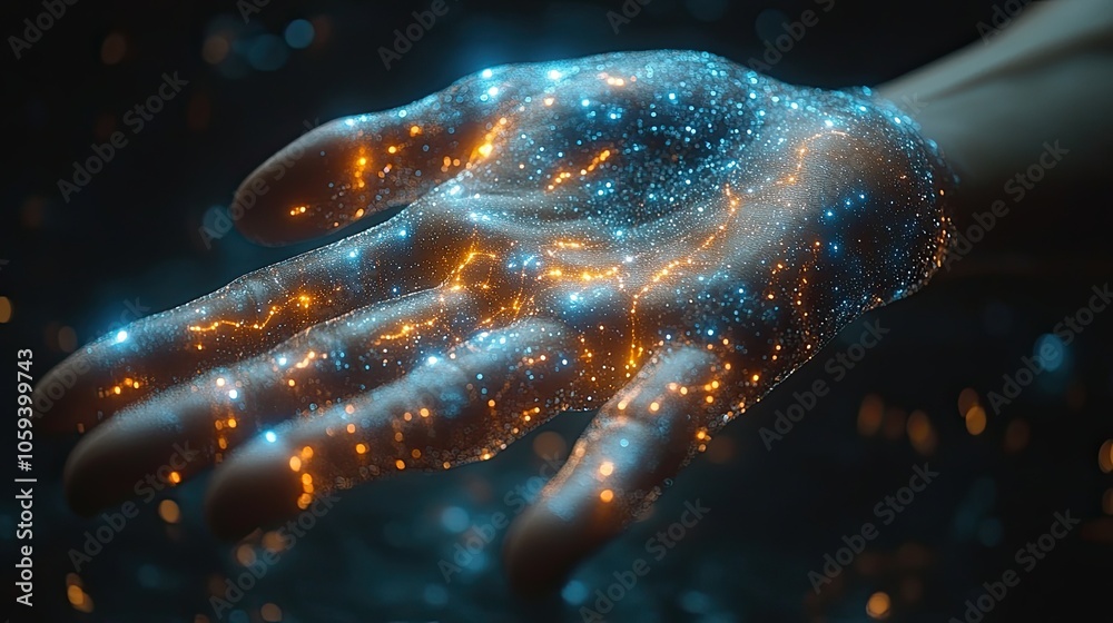 Poster futuristic hand with glowing digital network of lights. artificial intelligence, future technologies