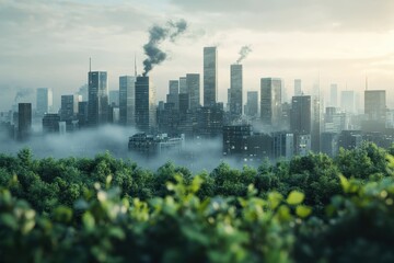 Fototapeta premium A view of a modern city skyline shrouded in mist with smoking buildings during early morning hours