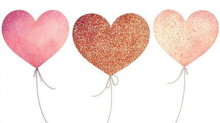   A trio of heart-shaped balloons strung together against a white backdrop