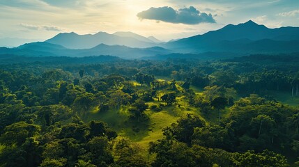 Obraz premium Aerial view of mountain range with trees in the foreground. Background, wallpaper, banner.