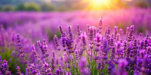 Naklejka premium A lush field of purple and pink lavenders swaying gently in the breeze on a sunny day, fields of lavender, nature