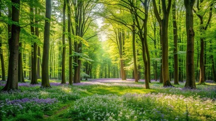 Fototapeta premium A lush green forest with tall trees and a carpet of wildflowers, leaves, plant life