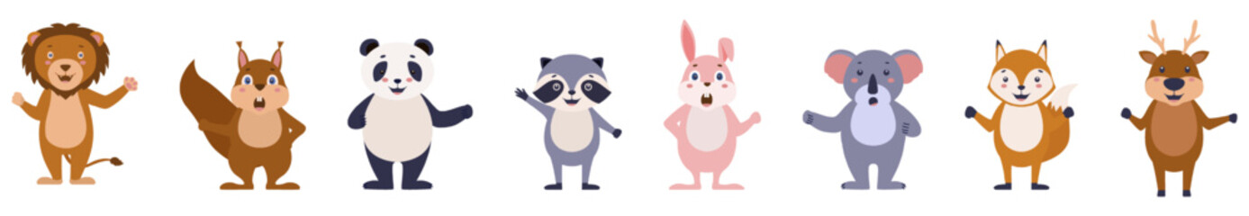 Cute cartoon animals set. Bear young with scarf and raccoon with cheerful fox and vector cheerful lion