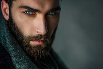 Fototapeta premium A man with a beard and green eyes is wearing a scarf