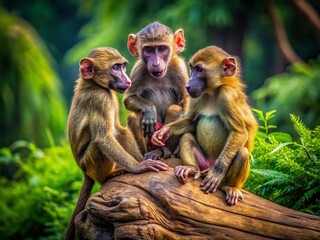 Playful Baboons in Nature: Candid Moments of Three Young Baboons Playing on a Tree Stump in Their Natural Habitat Capturing the Joy of Wildlife in Action