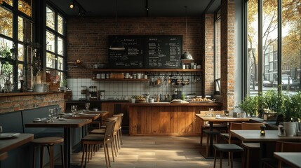 Fototapeta premium A modern cafe with exposed brick walls, wooden tables and chairs, and a large window looking out onto a street scene.