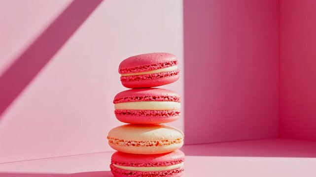 A stack of four macarons sits on a pink surface