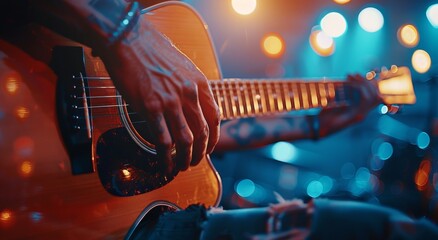 Obraz premium Close Up Of A Guitarists Hand Playing An Acoustic Guitar On Stage Under Stage Lights