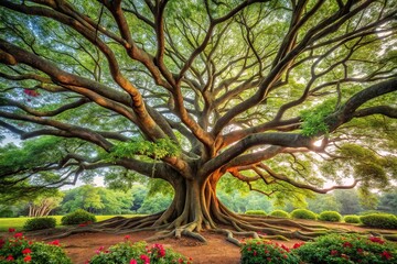 Fototapeta premium A majestic tree with sprawling roots and branches, its trunk sturdy and gnarled, supporting an abundance of lush green foliage and vibrant flowers, ecosystem, harmony, growth, balance, flora