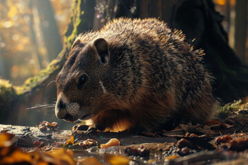 A small brown animal with a black nose is sitting on the ground