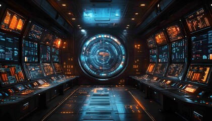 Fototapeta premium Data-Driven Business Command Center, futuristic command center filled with holographic displays of market data, performance KPIs,