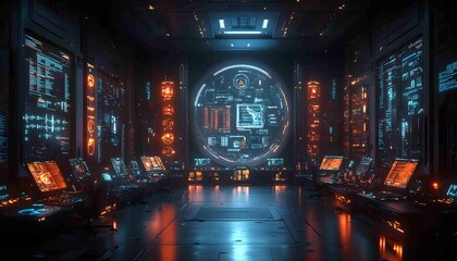 Obraz premium Data-Driven Business Command Center, futuristic command center filled with holographic displays of market data, performance KPIs,