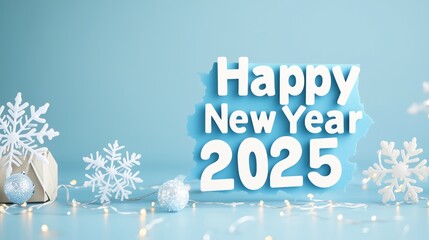 Happy New Year 2025 text in ice-blue, surrounded by snowflakes and shimmering lights, winter celebration feel