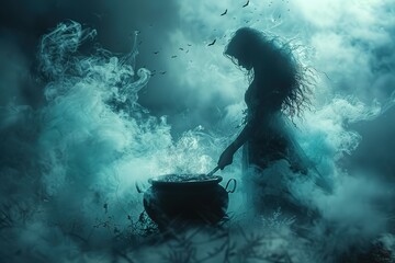 Obraz premium A woman is cooking in a cauldron with smoke and bats flying around her