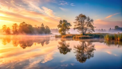 A misty morning scene with water reflecting the soft hues of sunrise over a tranquil lake, sunrise, water