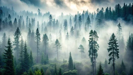 A moody, atmospheric gray forest landscape with towering trees and misty fog, rugged terrain, misty atmosphere, forest path, nature reserve, eerie silence
