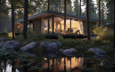 Fototapeta premium Beautiful modern modular home with wild nature in the background. Modern architecture