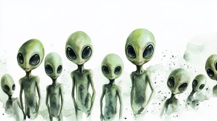 Fototapeta premium Watercolor Painting of Multiple Green Aliens with Large Eyes Standing in a Row on a White Background