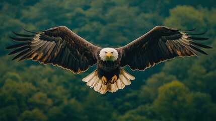 A large eagle is flying through a forest. The eagle is majestic and powerful, soaring through the trees with its wings spread wide. Concept of freedom and strength, as the eagle takes flight