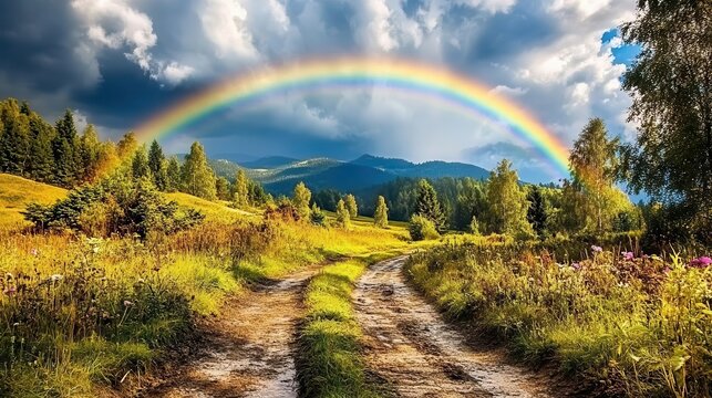 A picturesque landscape featuring a vibrant rainbow arching over lush greenery and rolling hills under dramatic clouds.