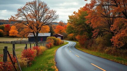 A scenic road covered in colorful fallen leaves under a canopy of autumn trees, foliage, nature