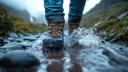 A hiker navigates a rocky path, splashing through a shallow stream with their waterproof boots amid a misty mountain backdrop during an outdoor adventure in nature.