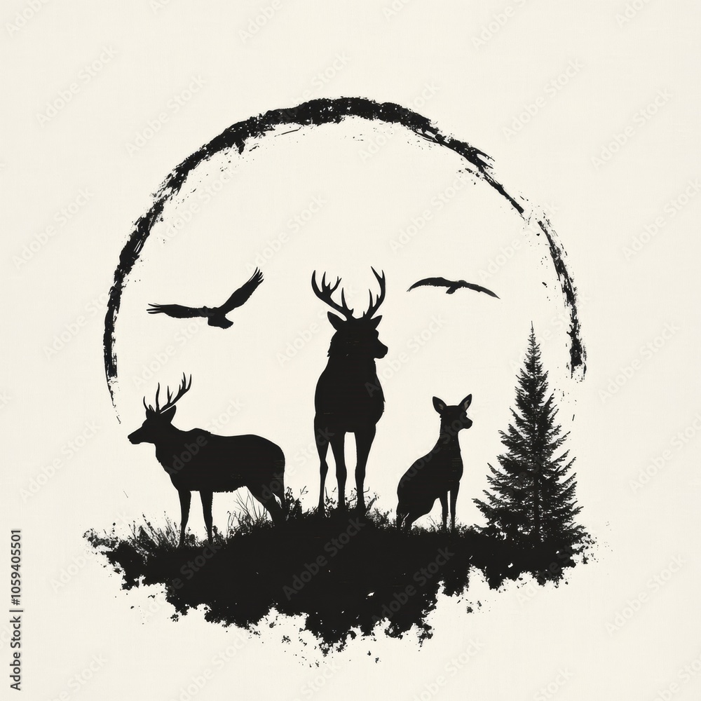 Poster silhouettes of deer and other wild animals stand near a tree, framed by birds soaring against a twil