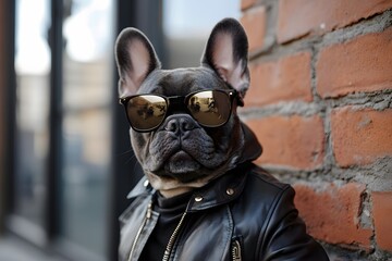 Obraz premium French bulldog with sunglasses and leather jacket and with urban style, representing stylish and cool dog