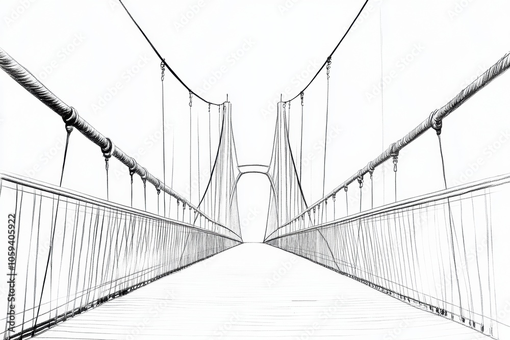Aufkleber A detailed abstract drawing captures the essence of a suspension bridge with intricate lines converging towards the horizon. Generative AI