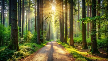 A serene forest trail winding through tall trees with sunlight filtering through the canopy above, nature scenery, forest trail, hiking trail, wilderness landscape