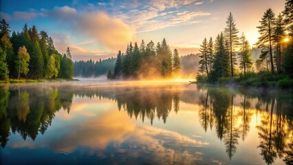 Obraz premium A serene lake at dawn with mist rising from the water's surface, surrounded by tall trees and lush greenery, calm, tranquility, reflection, peaceful, outdoor scene