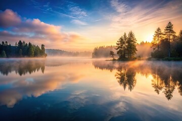 Fototapeta premium A serene lake at dawn with misty fog rising from the water's surface, lakeside, cloud cover