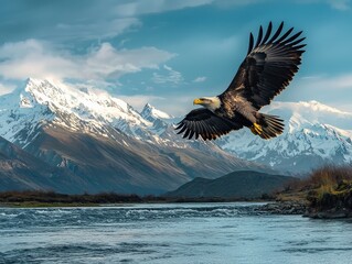 A bald eagle is flying over a river with mountains in the background. The eagle is soaring high in the sky, and the mountains in the distance create a sense of awe and wonder. The scene is serene