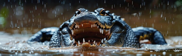Obraz premium Crocodile With Open Mouth In Rain