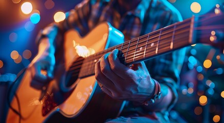 Obraz premium Close Up Of A Guitarists Hand Playing An Acoustic Guitar On Stage Under Stage Lights