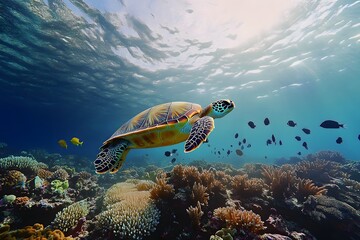 Fototapeta premium sea turtle and coral reef underwater in the ocean habitat, representing tropical fish and aquatic animals