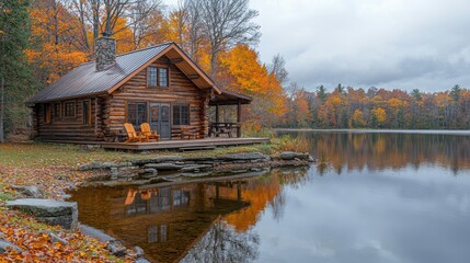 Fototapeta premium Serene Rustic Cabin by Calm Lake in Autumn